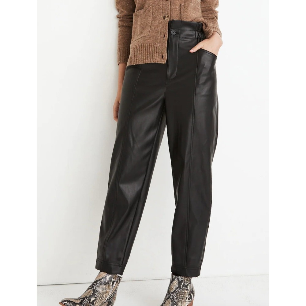 Madewell Faux Vegan Leather Paperbag Pants 10 Black High Rise Tapered Ankle Crop